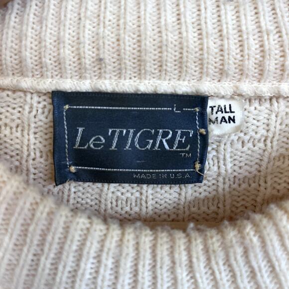 Vintage Le Tigre Fisherman Mens Sweater Size LT Cream Chunky Cable Knit Coastal - Picture 6 of 7